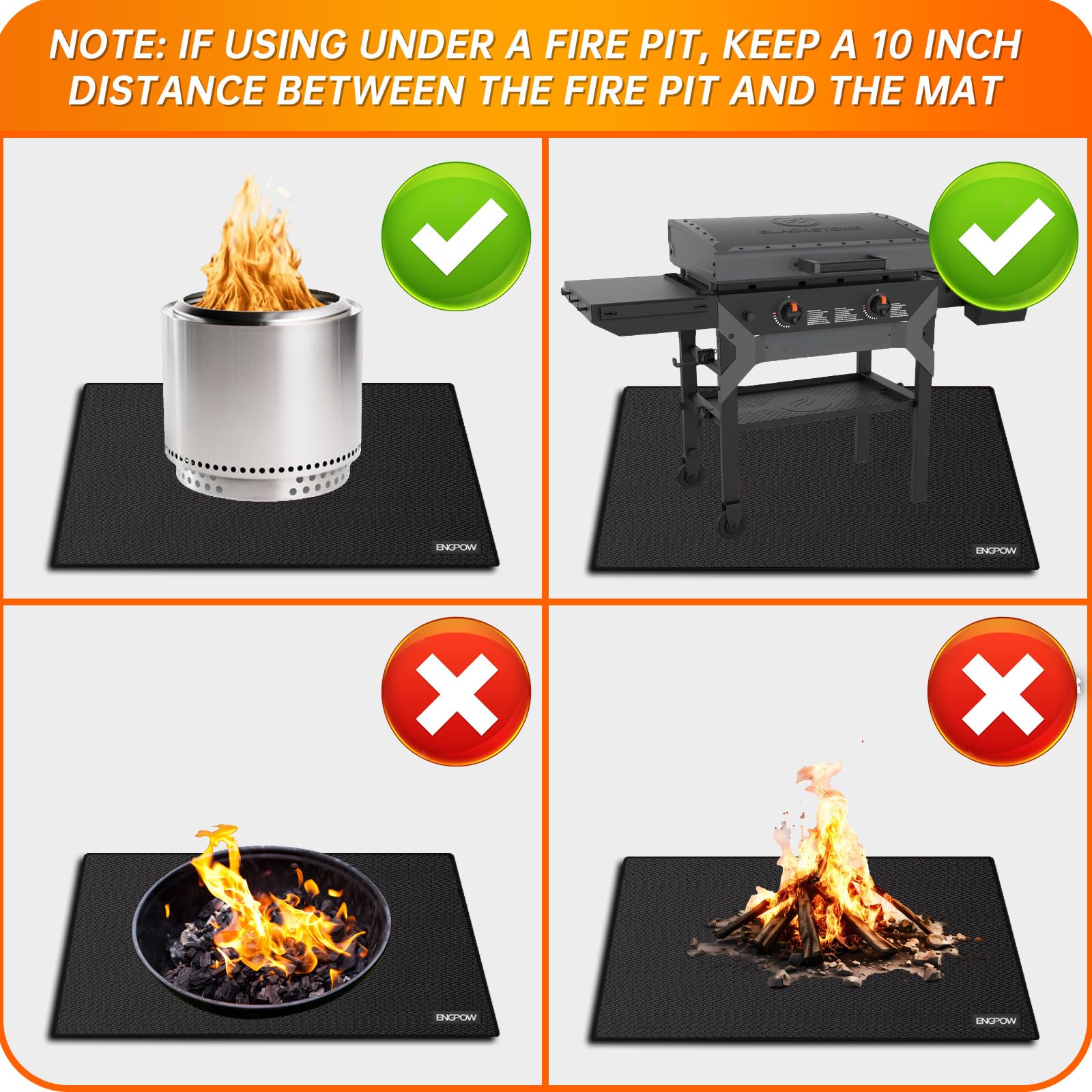ENGPOW mat under indoor fireplace, protects flooring from heat and debris