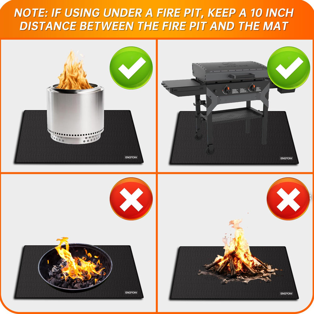 ENGPOW mat under indoor fireplace, protects flooring from heat and debris