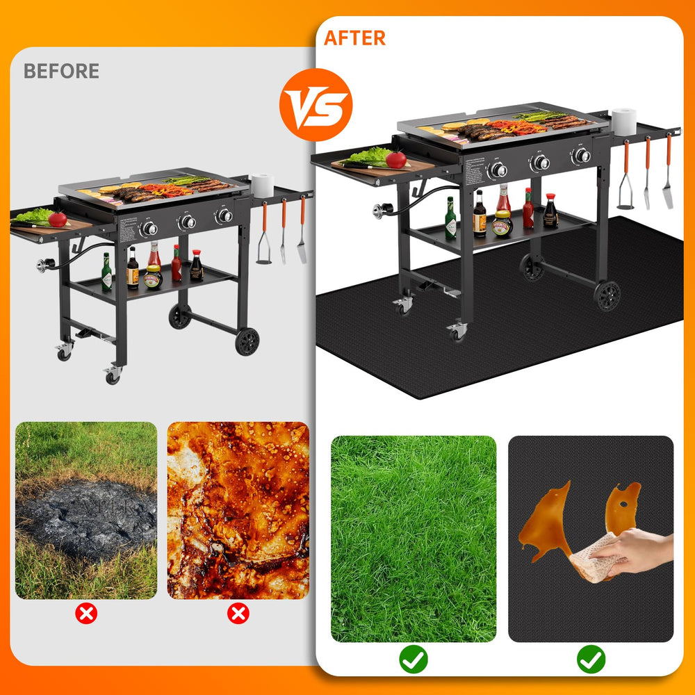 ENGPOW mat beside grill illustrating full 60x60 coverage, surface protection