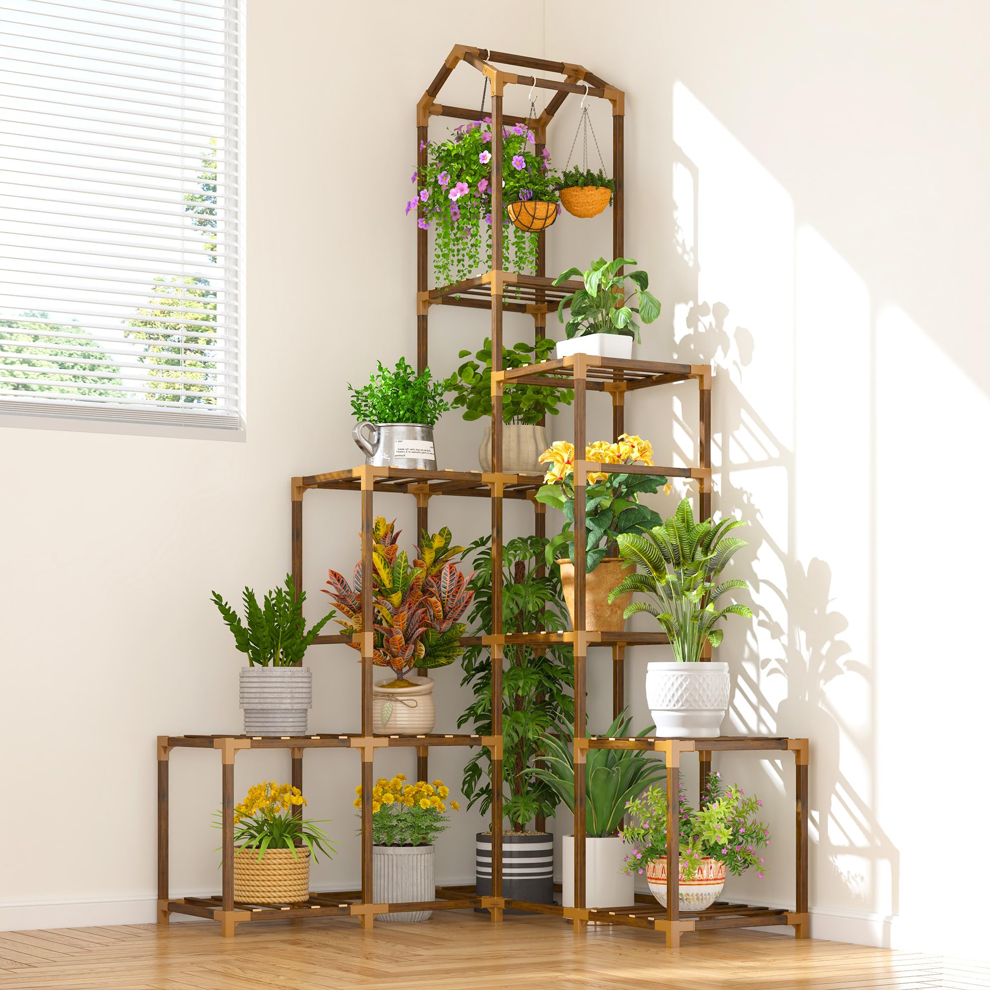 EnHomee corner plant stand front view showing multiple shelves and warm wood finish for display