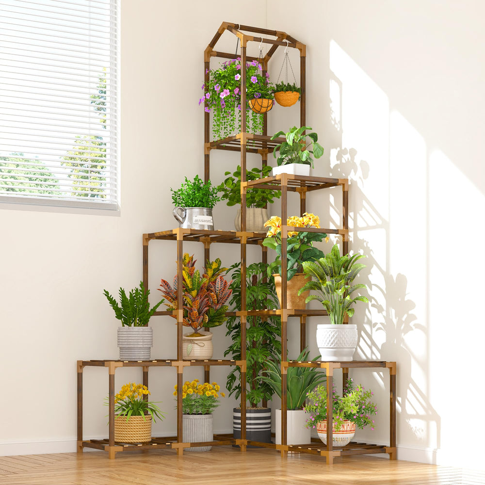 EnHomee corner plant stand front view showing multiple shelves and warm wood finish for display