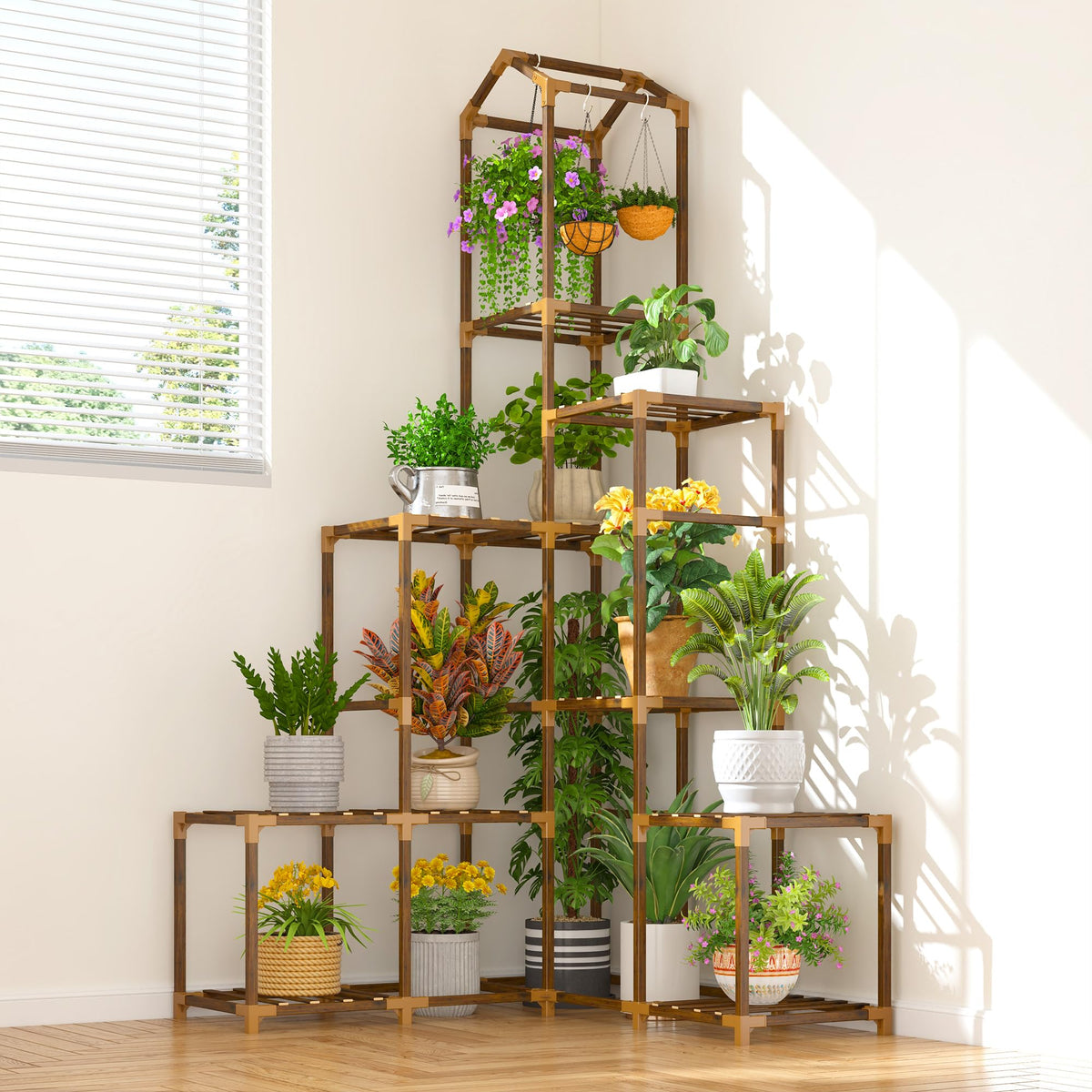 EnHomee corner plant stand front view showing multiple shelves and warm wood finish for display