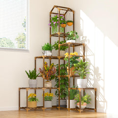 EnHomee corner plant stand front view showing multiple shelves and warm wood finish for display