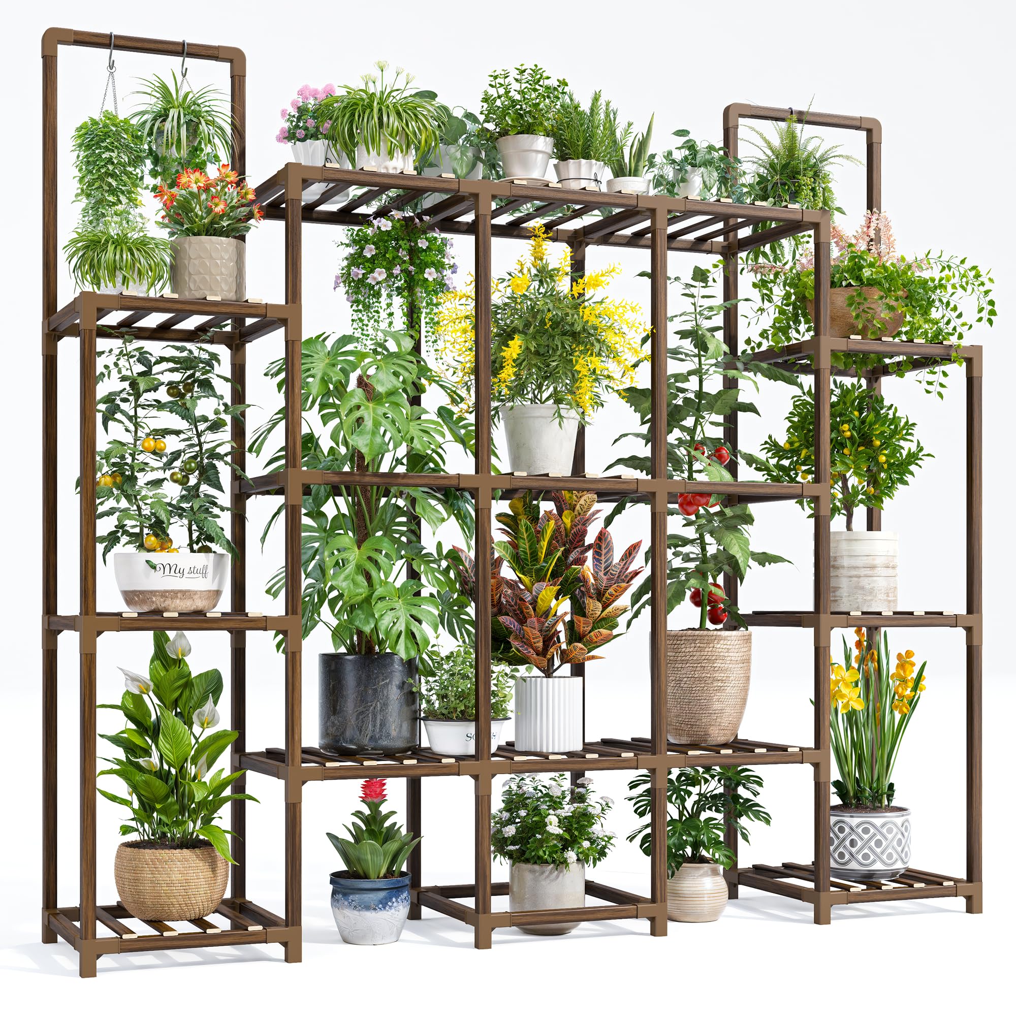 EnHomee front view of assembled plant stand showing many pots and tidy display benefit