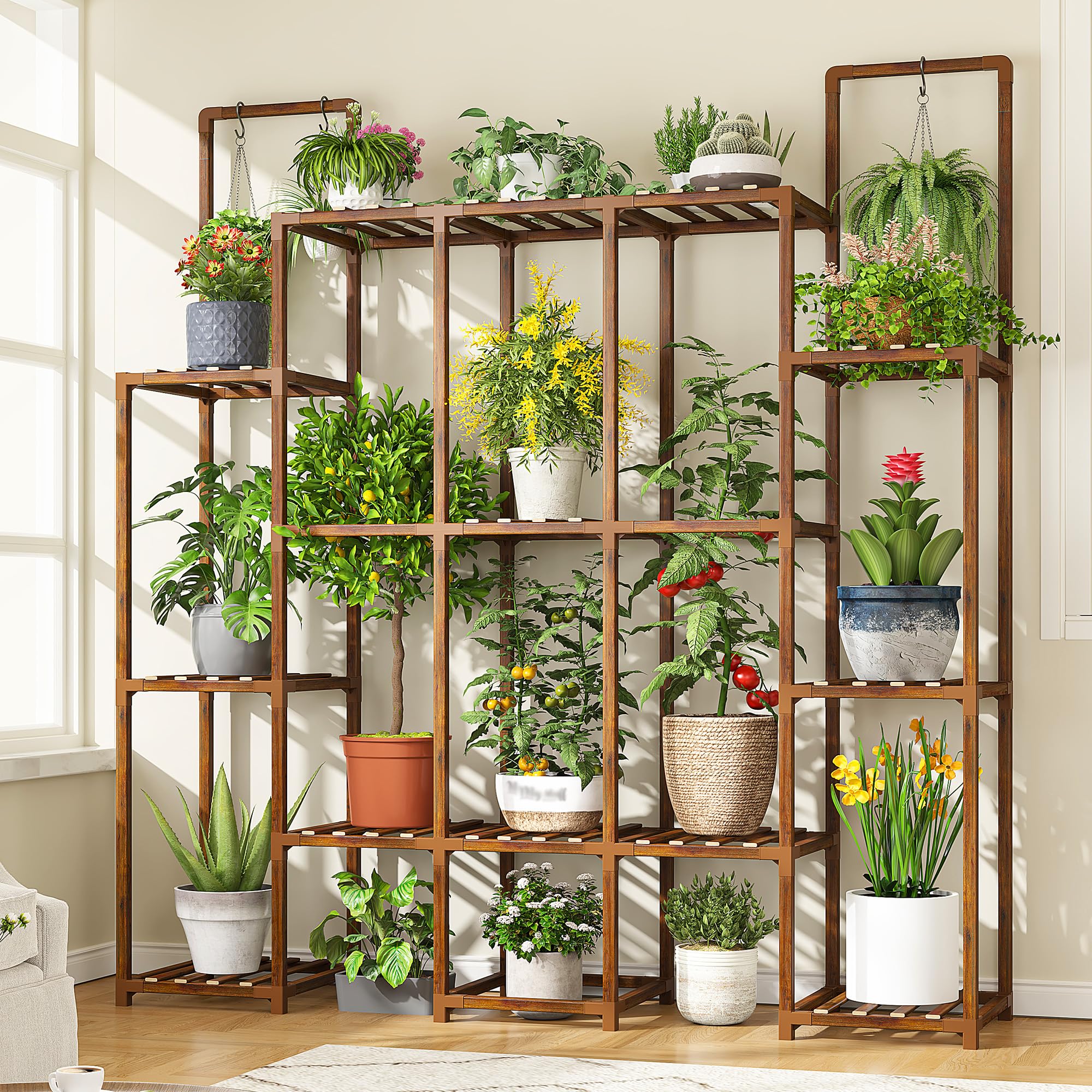 EnHomee front view showing full 13-tier stand and many plants for display