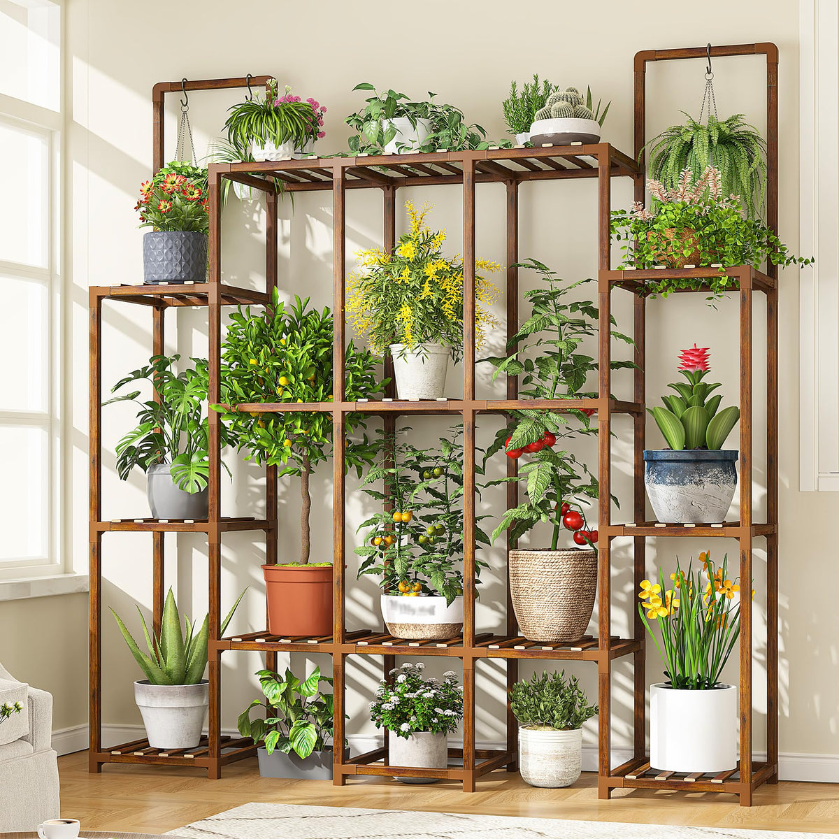 EnHomee front view showing full 13-tier stand and many plants for display