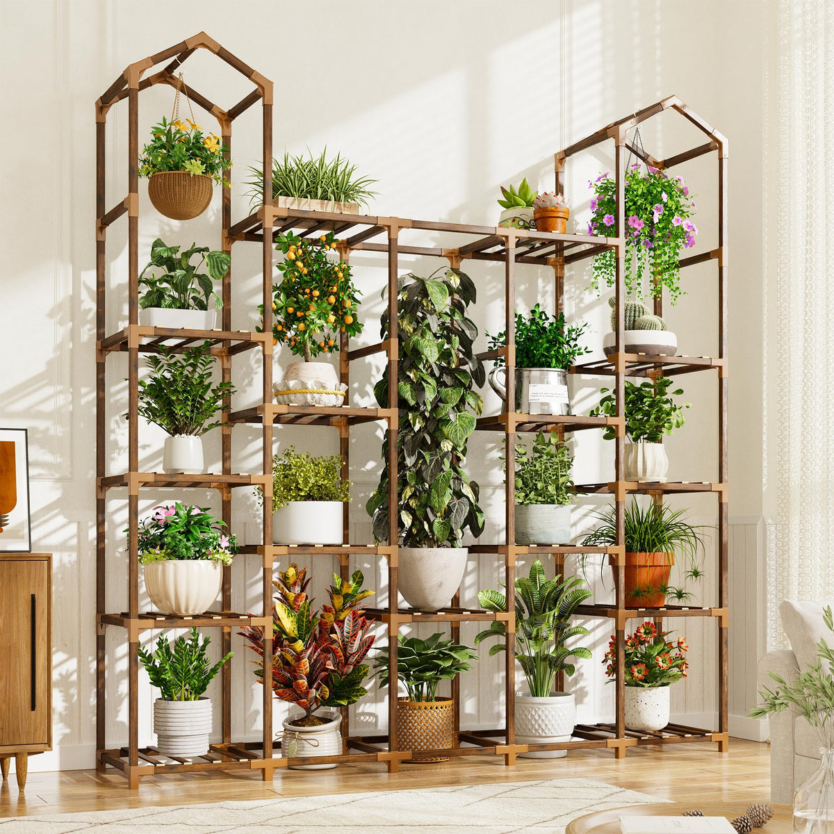 EnHomee front view showing tiered shelves and natural wood benefits