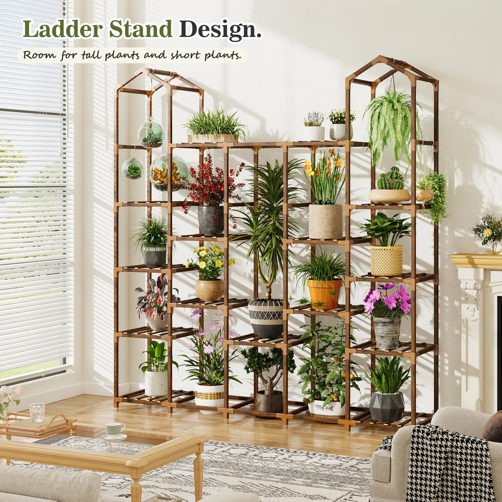 EnHomee plant stand in living room displaying many pots and decor harmony