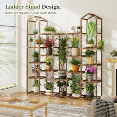 EnHomee plant stand in living room displaying many pots and decor harmony
