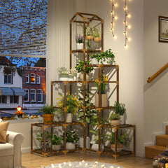 EnHomee stand styled in a living room highlighting maximized vertical plant display benefit