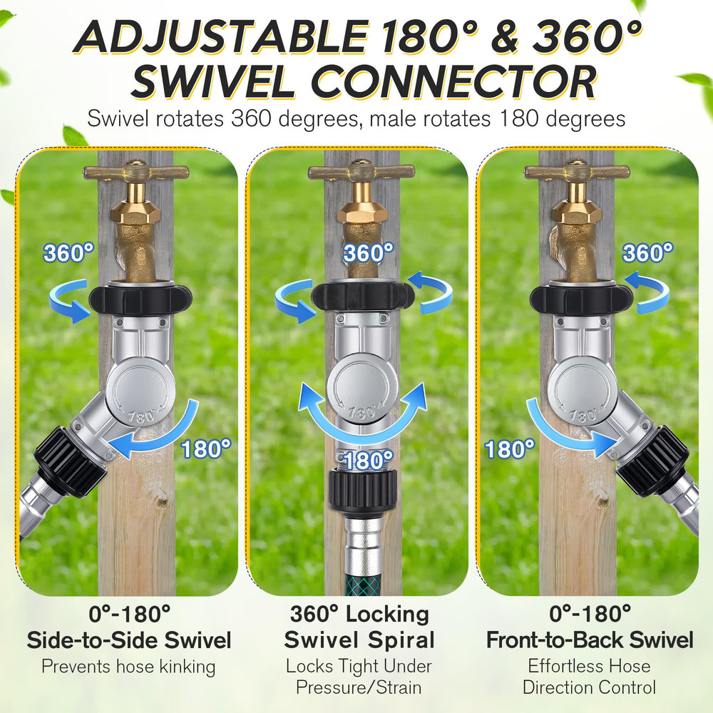 Enhon connector installed on outdoor faucet showing reduced hose strain benefit