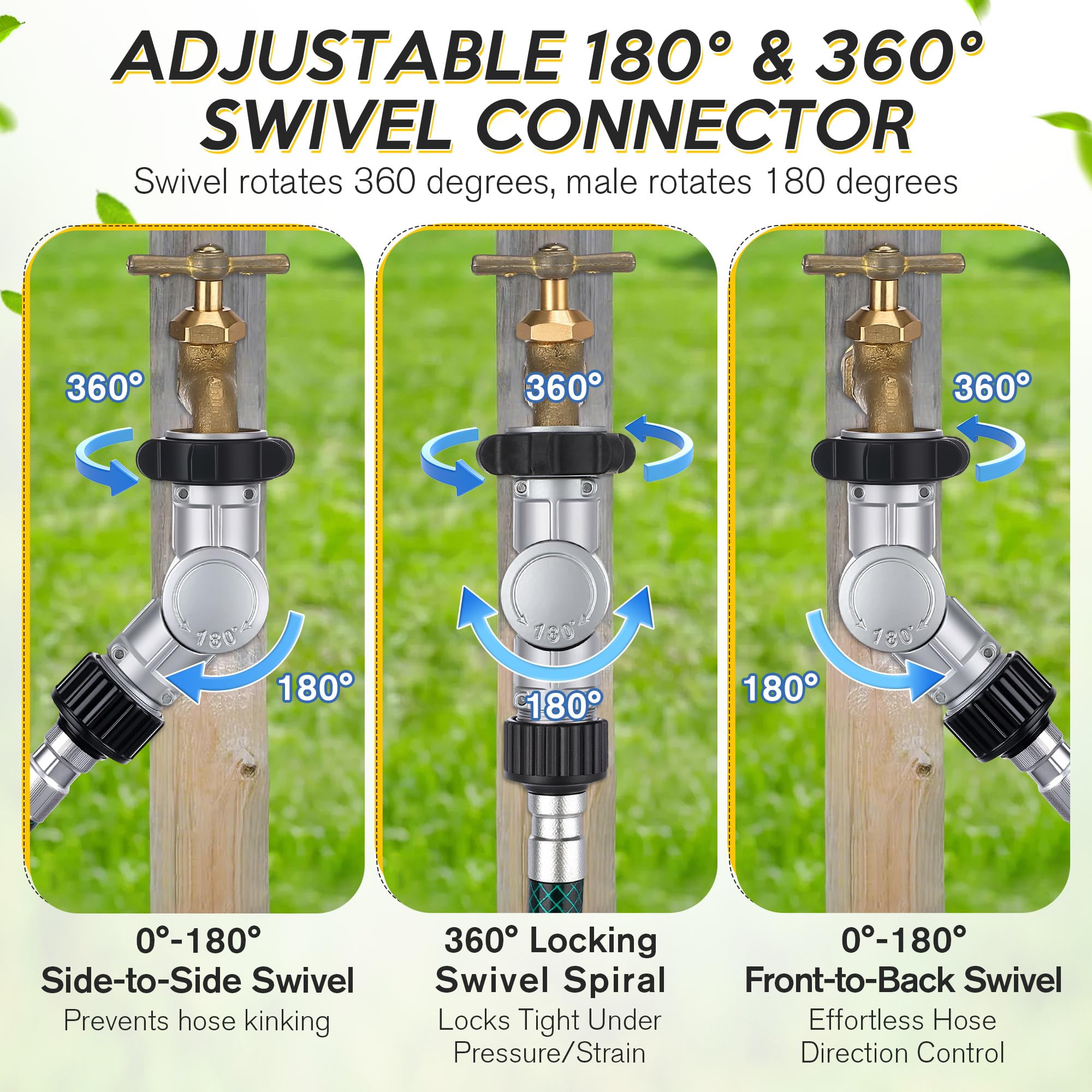 Enhon installed on outdoor faucet with hose attached, promoting reduced strain benefit