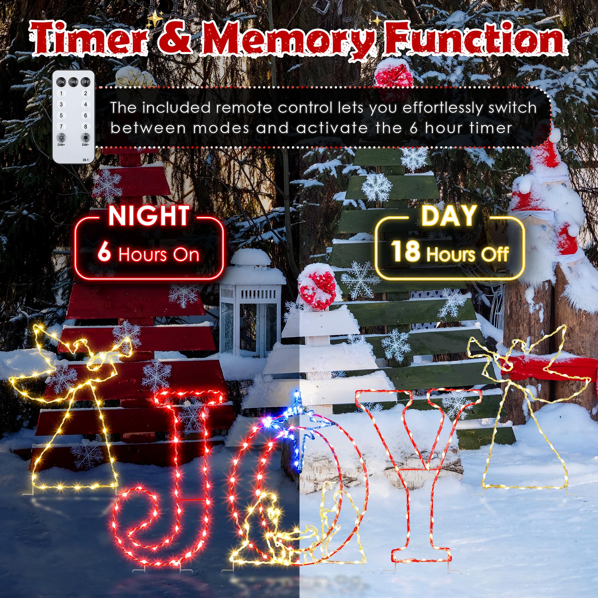 Enhon JOY letters close-up glowing red to add festive color outdoors
