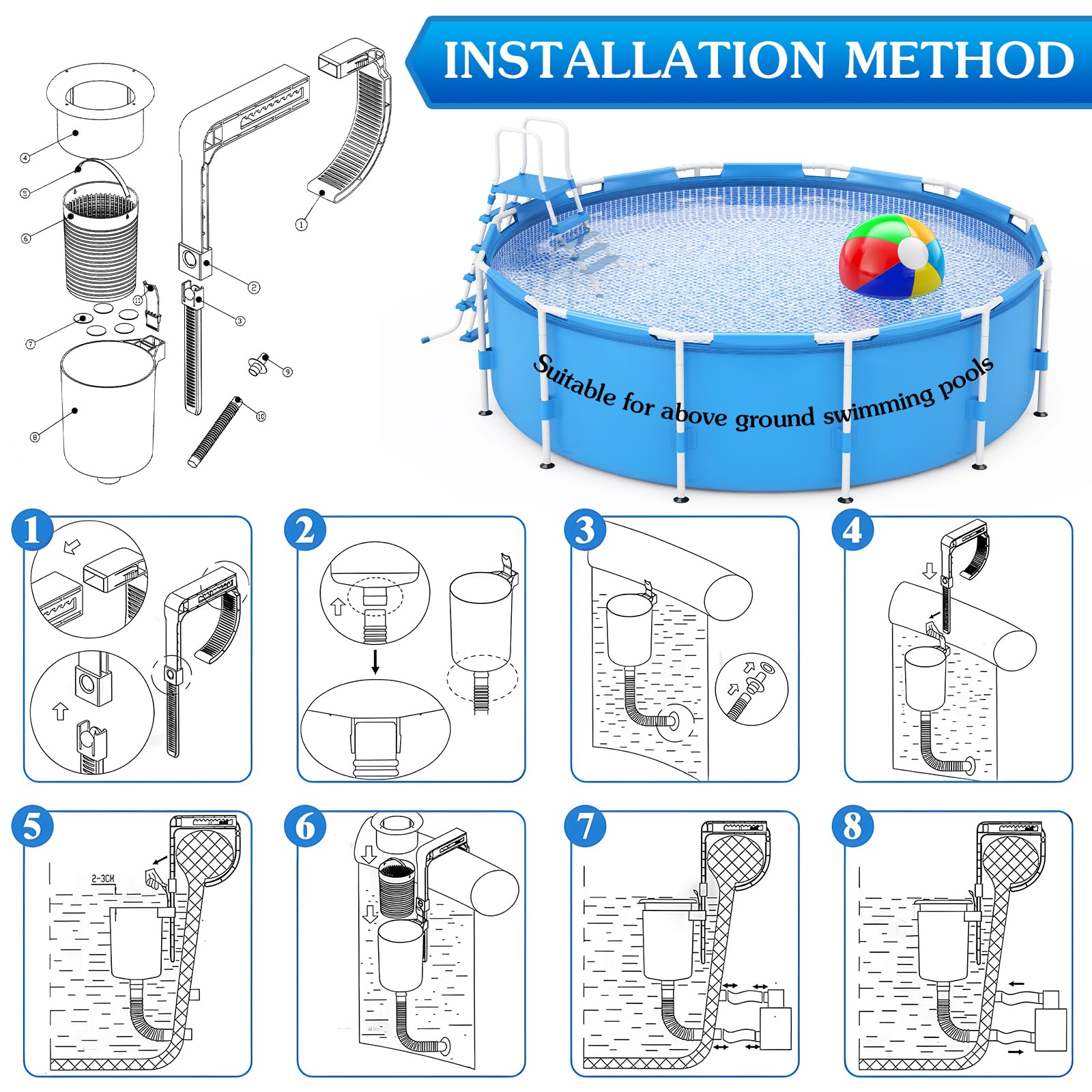 Enhon skimmer in a backyard pool scene reducing surface debris for cleaner water