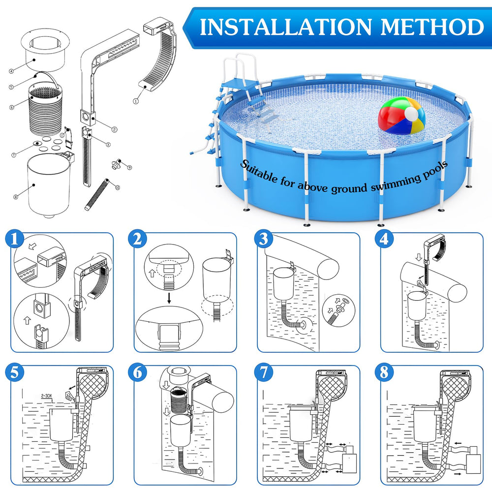 Enhon skimmer in a backyard pool scene reducing surface debris for cleaner water