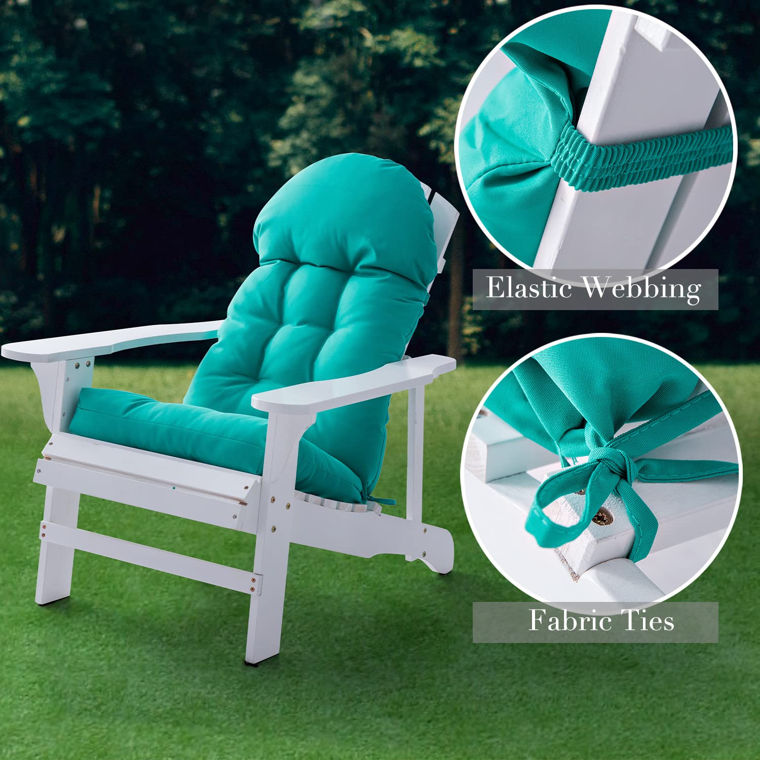 Enipate back band and fabric ties securing cushion to chair for stable outdoor use