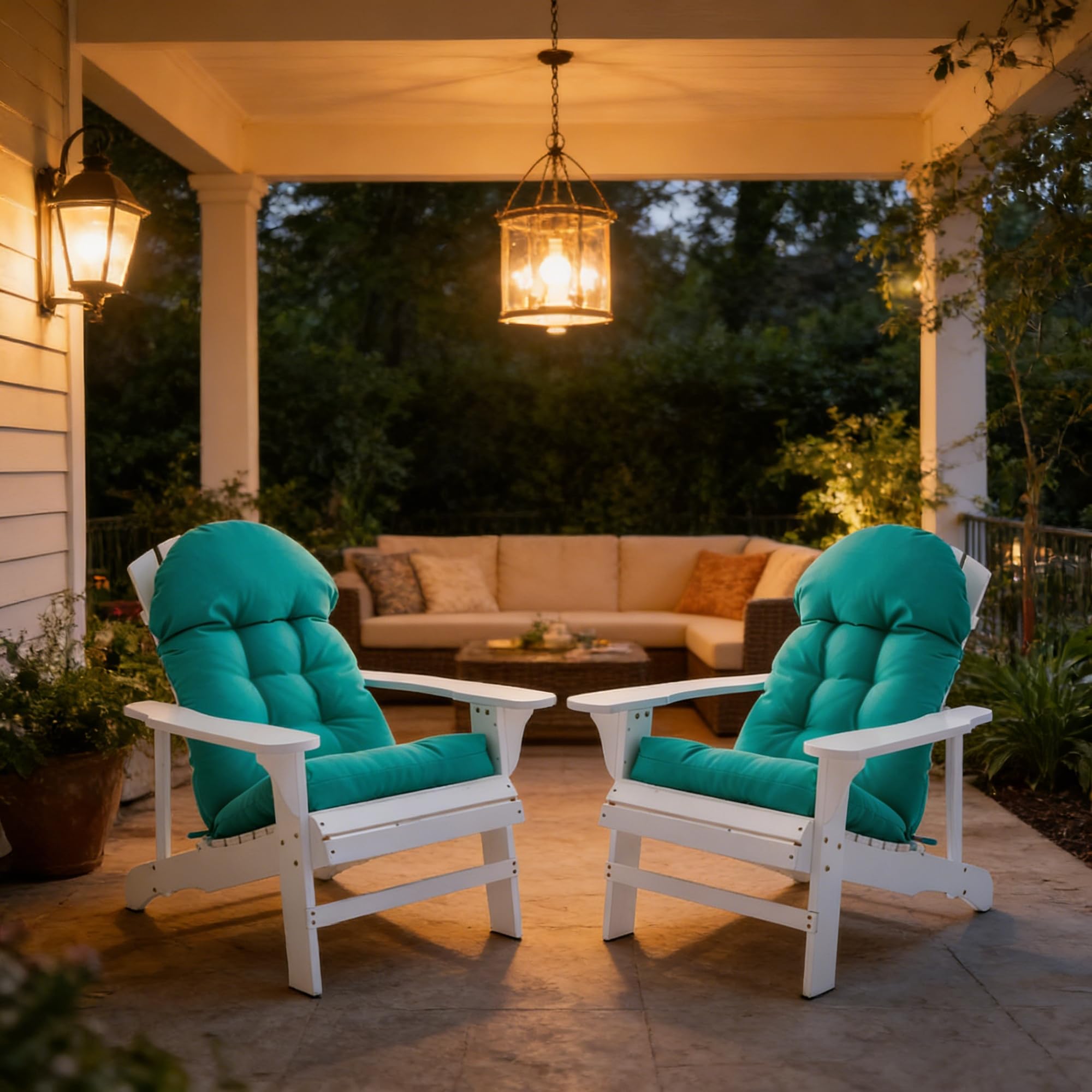 Enipate cushion styled on a patio Adirondack chair to show real-world outdoor look