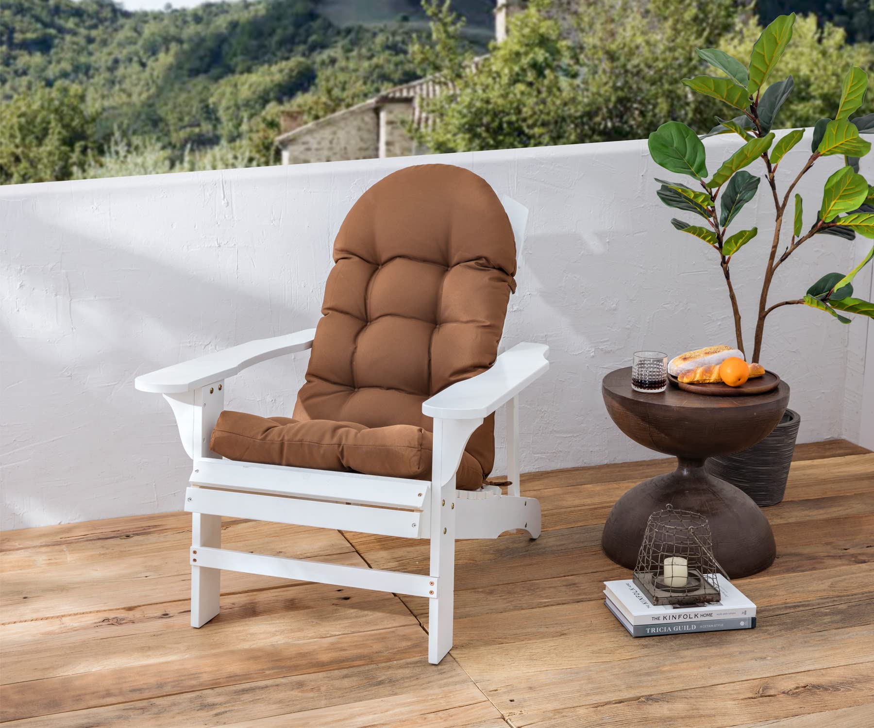 Enipate cushion in use on wooden Adirondack chair for outdoor comfort