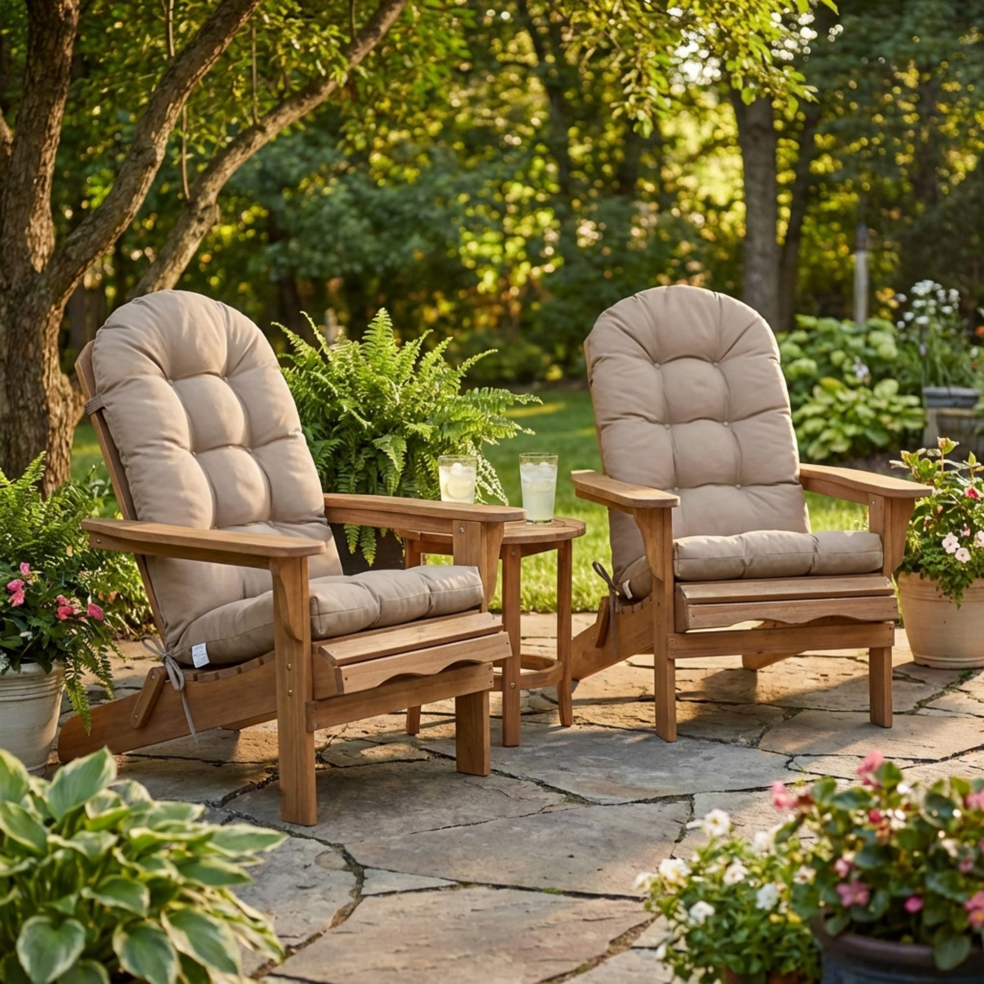 Enipate patio lifestyle scene with cushions adding comfort and neutral style