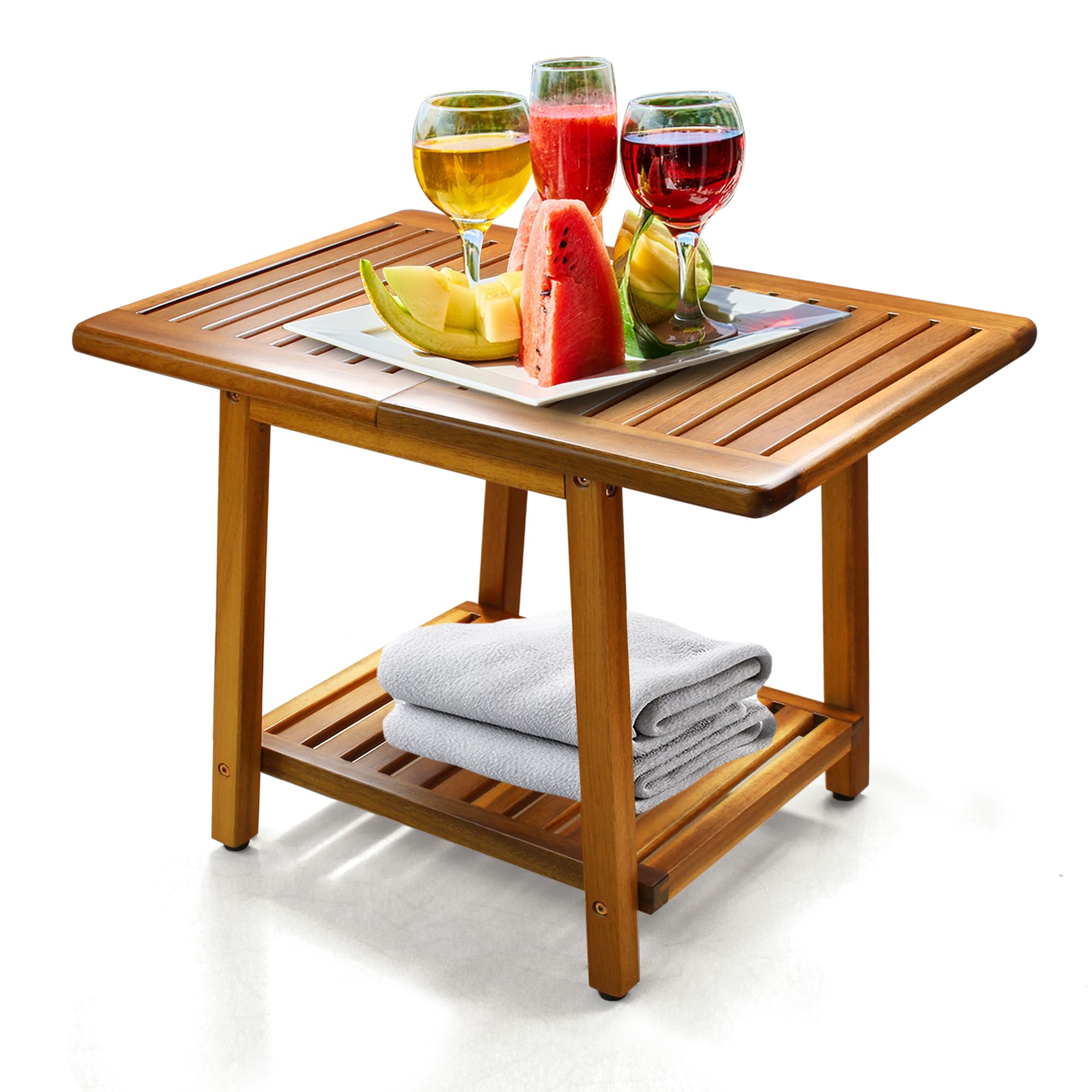 ENKEZI front view of 24-inch acacia side table showing stable design and teak finish