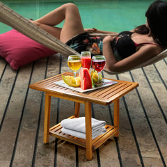 ENKEZI two-tier shelf detail showing extra storage and organized outdoor space
