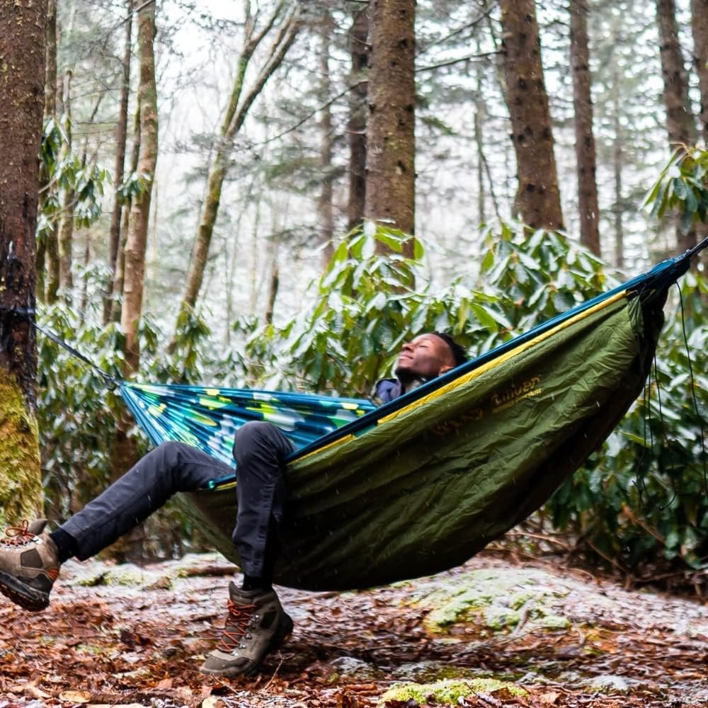 ENO underquilt in campsite evening scene conveying comfortable outdoor sleep