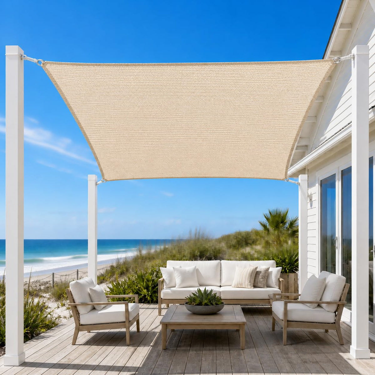 ENOCHZANG beige shade sail front view showing full coverage and style benefit