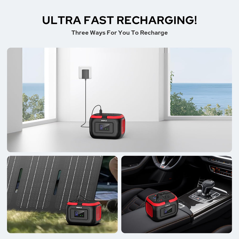 ENOFLO close-up of USB-C, USB-A, AC and DC ports for versatile charging