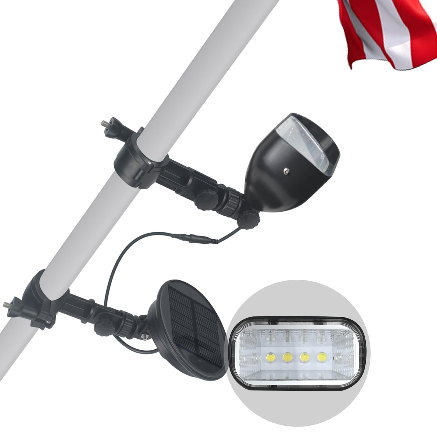 enrybia front-mounted solar flag light showing full product and easy clamp attachment