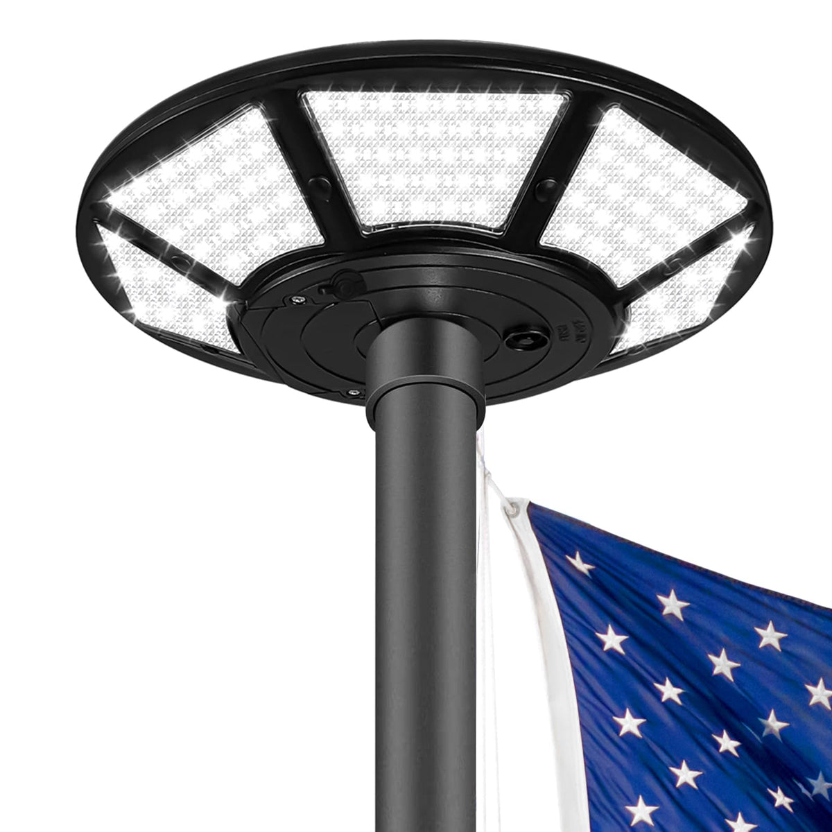 enrybia front view of solar flag light showing LEDs and fit for quick mounting