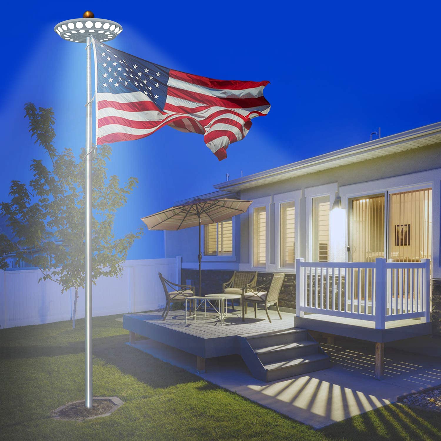 enrybia night shot with the flag brightly lit to show full overnight illumination