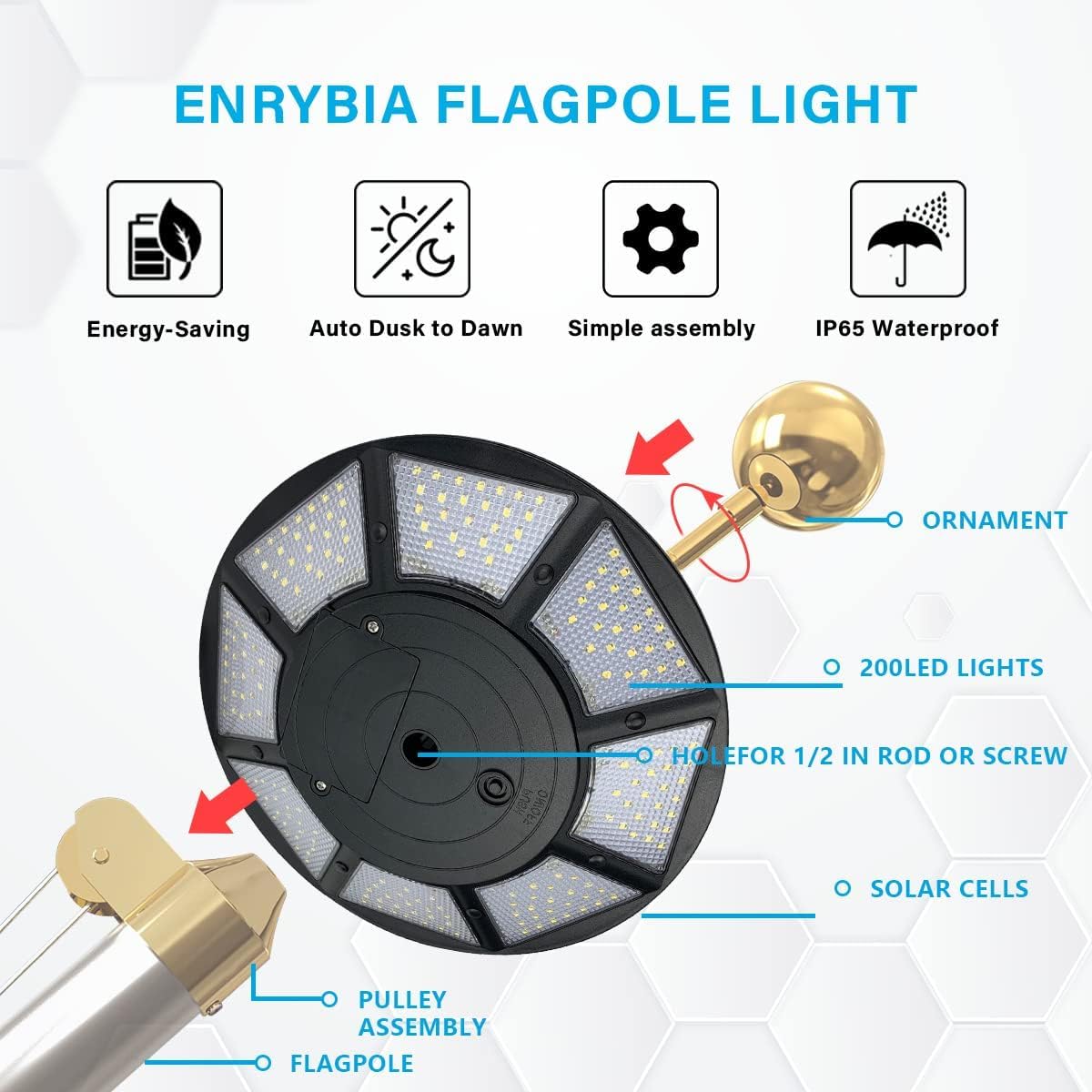 enrybia light mounted on flagpole illuminating a large flag for nighttime visibility