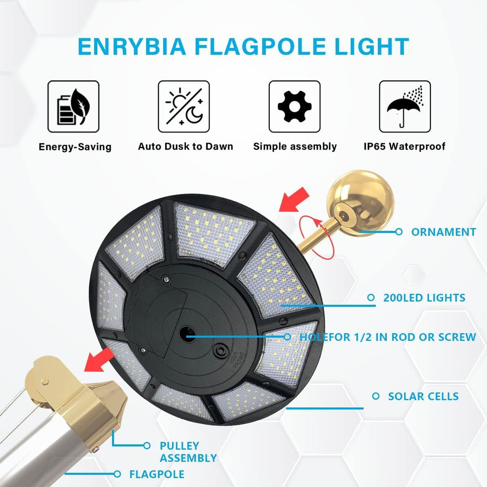 enrybia light mounted on flagpole illuminating a large flag for nighttime visibility