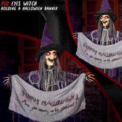 Entehaus detail of witch holding banner demonstrating interactive prop appeal