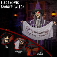 Entehaus close-up of witch face with glowing eyes highlighting visual scare impact