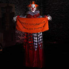 Entehaus front view hanging clown showing menacing pose and instant scare benefit