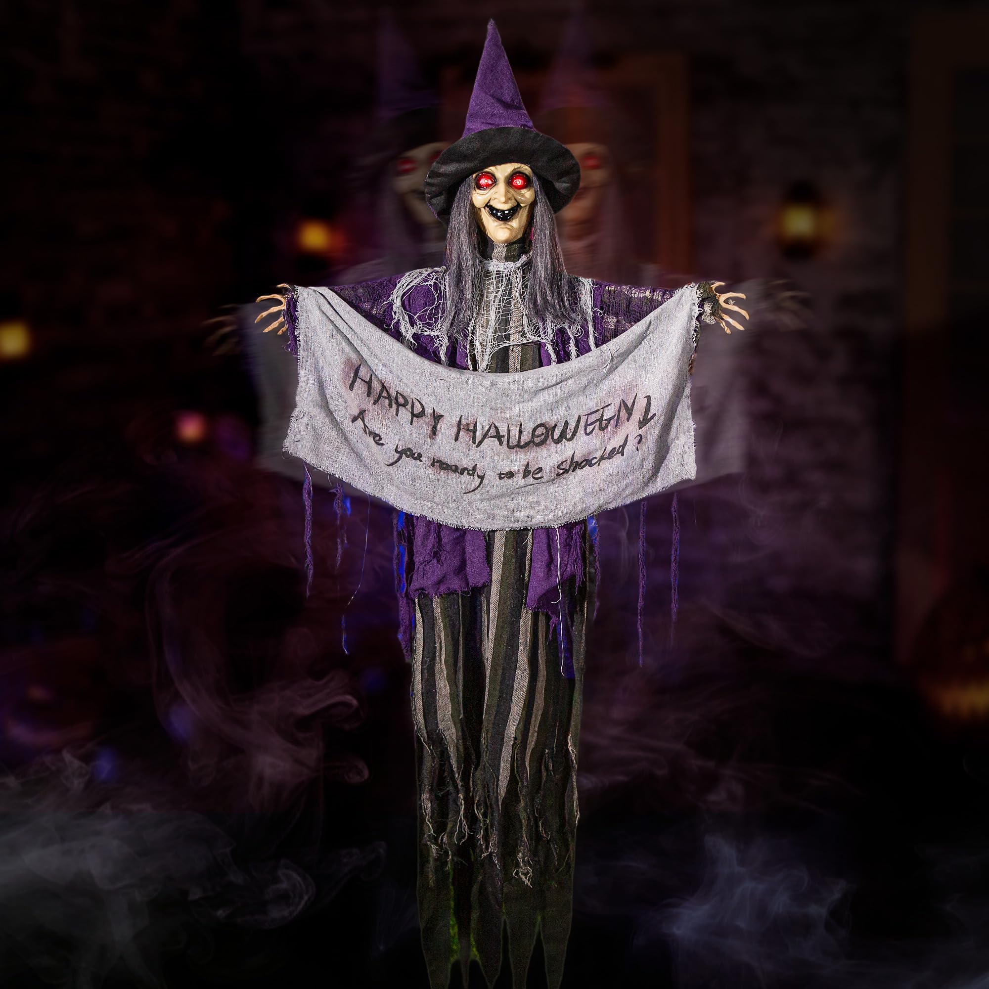 Entehaus front view of 5ft hanging witch showing full pose and banner benefits spooky focal point