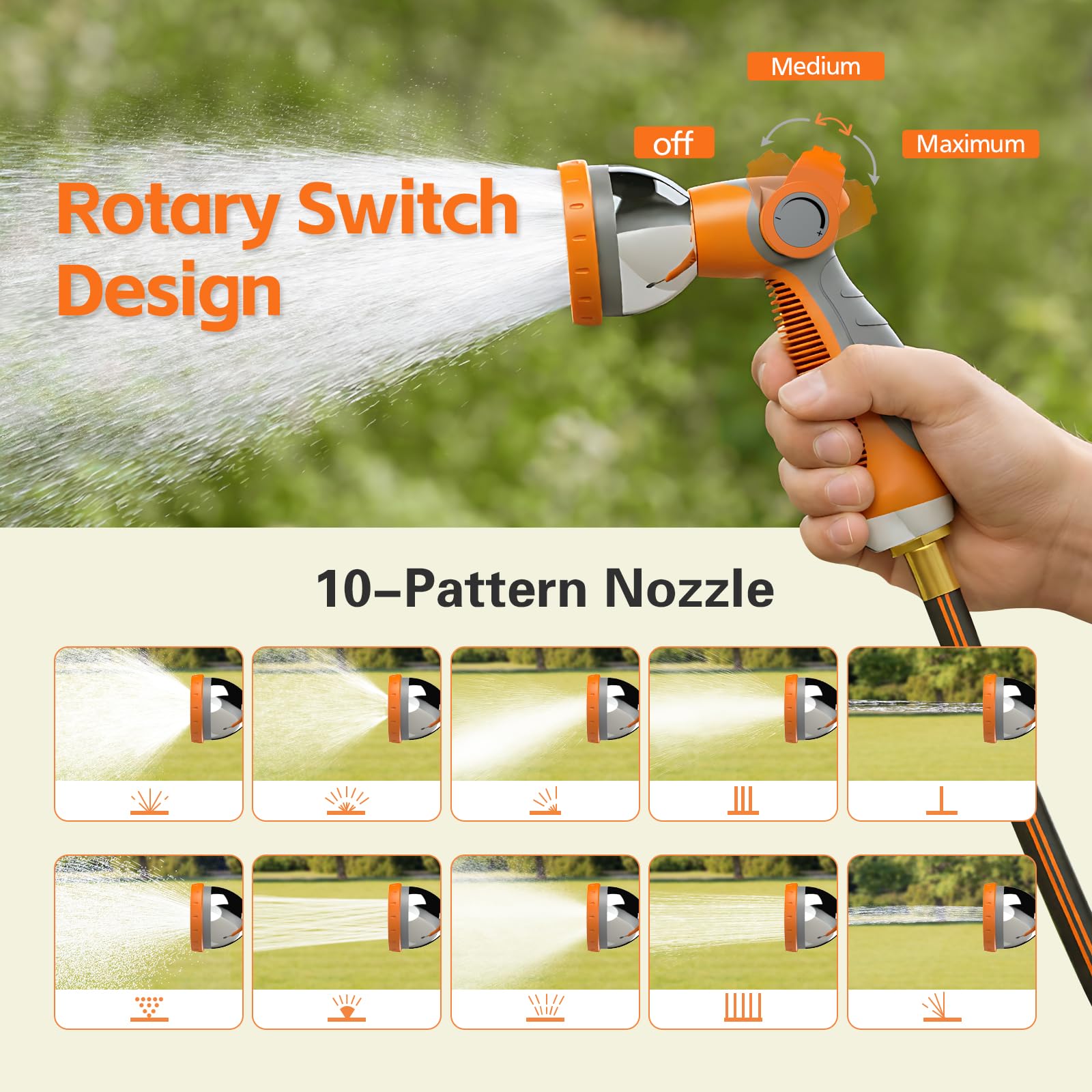 Entgard 10-pattern nozzle in hand showing ergonomic control for varied spraying