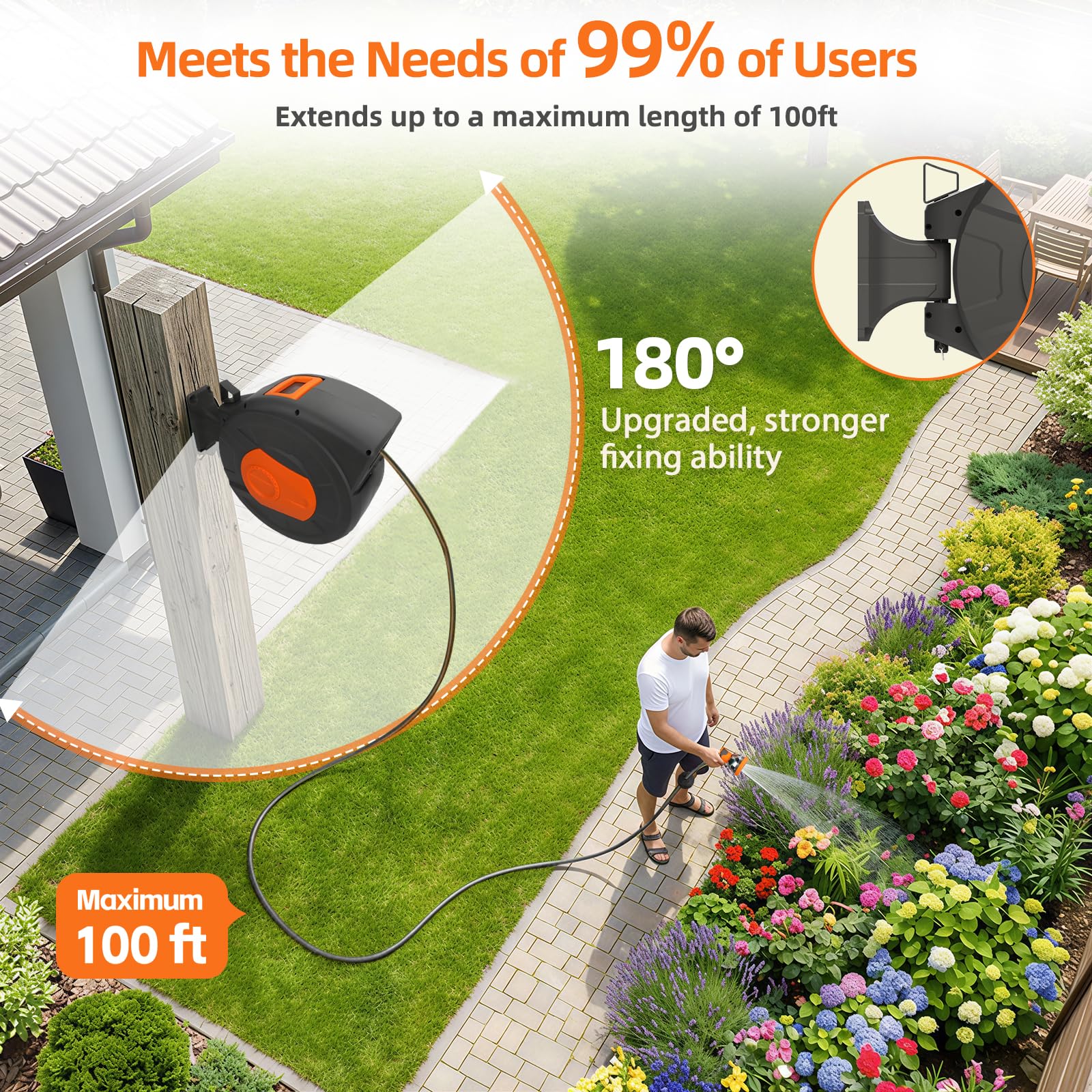 Entgard size comparison with yard tools showing 100 ft reach advantage