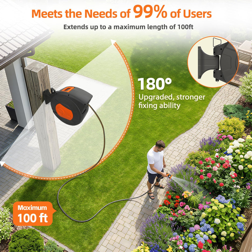 Entgard size comparison with yard tools showing 100 ft reach advantage