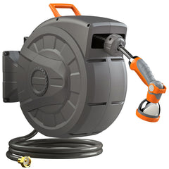 Entgard retractable hose reel front view showing compact wall-mounted benefit