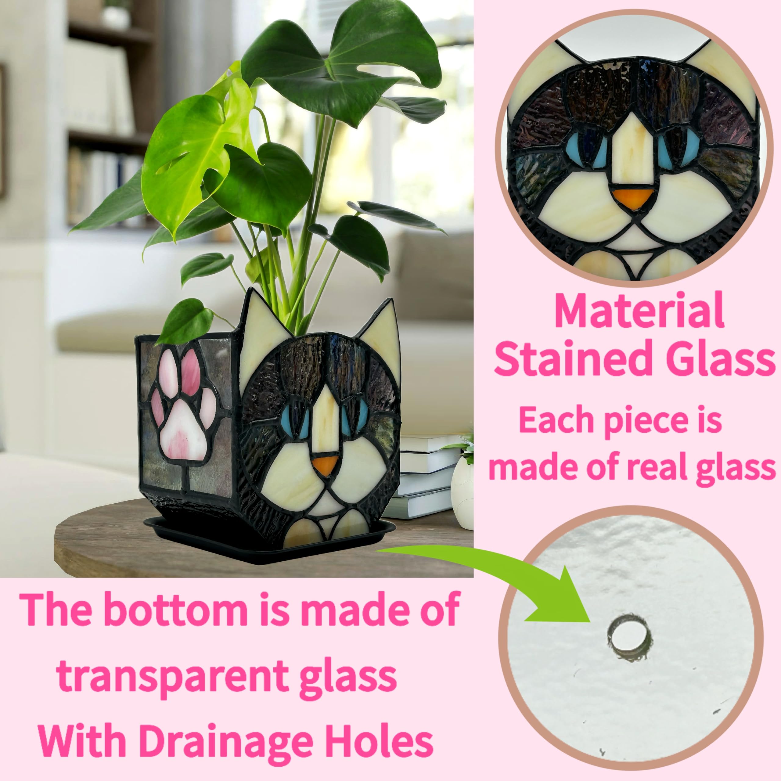Entlityful black cat planter close-up of stained glass texture highlighting handcrafted finish and color depth