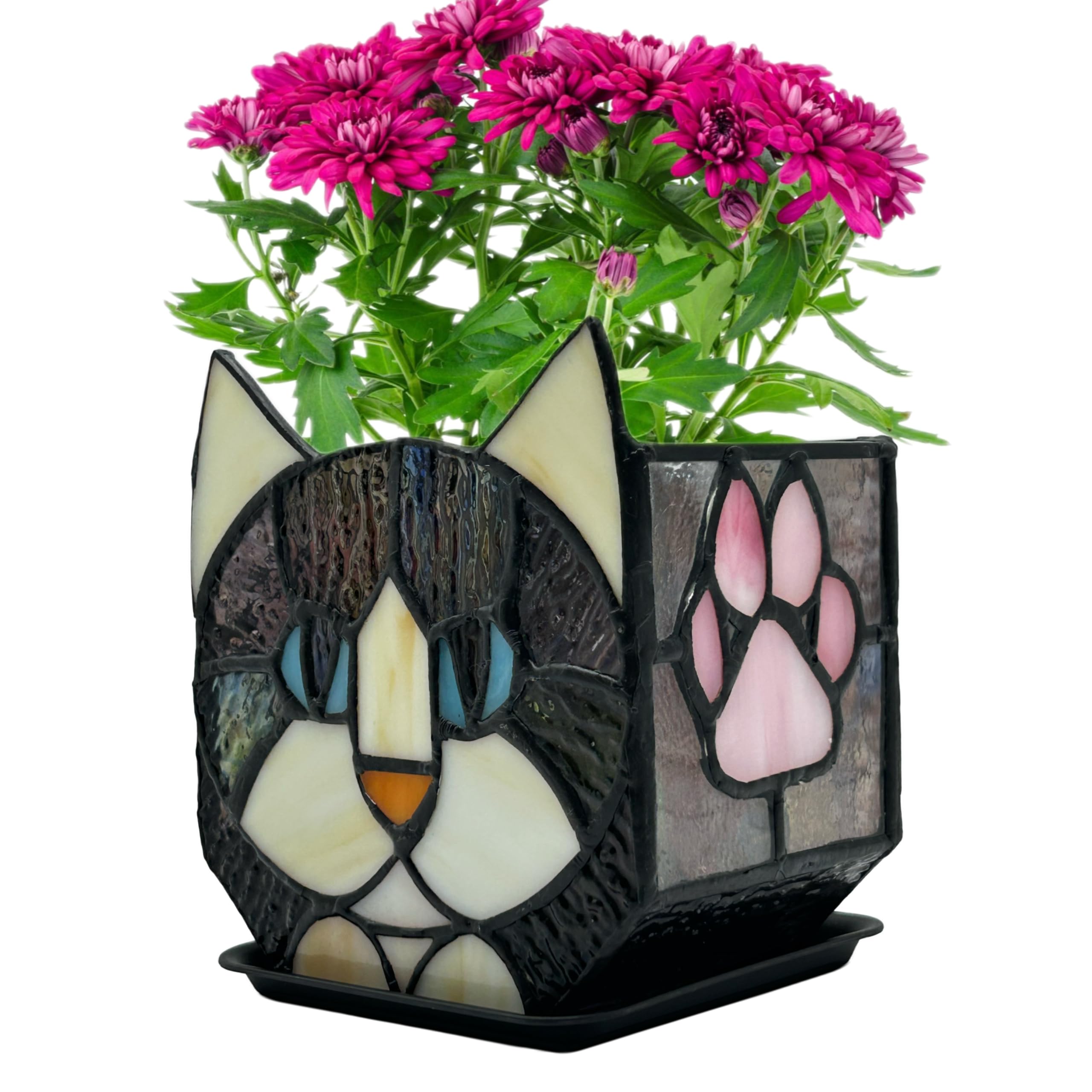 Entlityful black cat planter front view showing glossy stained-glass panels and silhouette, decorative appeal