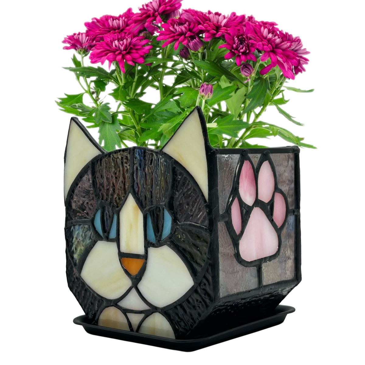 Entlityful black cat planter front view showing glossy stained-glass panels and silhouette, decorative appeal