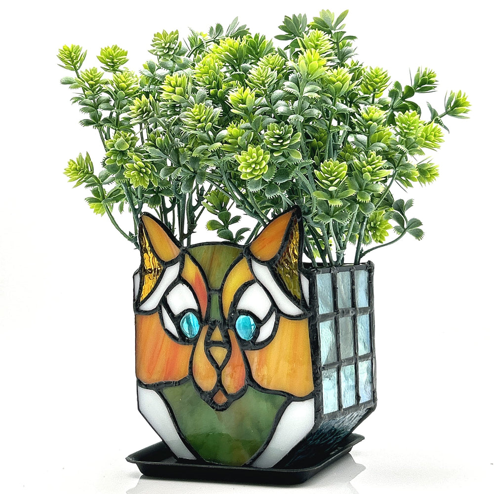 Entlityful front view of cat planter showing colorful stained glass and shape benefit display