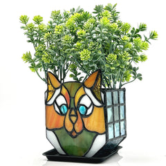 Entlityful front view of cat planter showing colorful stained glass and shape benefit display