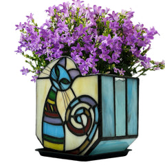 Entlityful front view of stained glass cat planter showing colorful design and charm