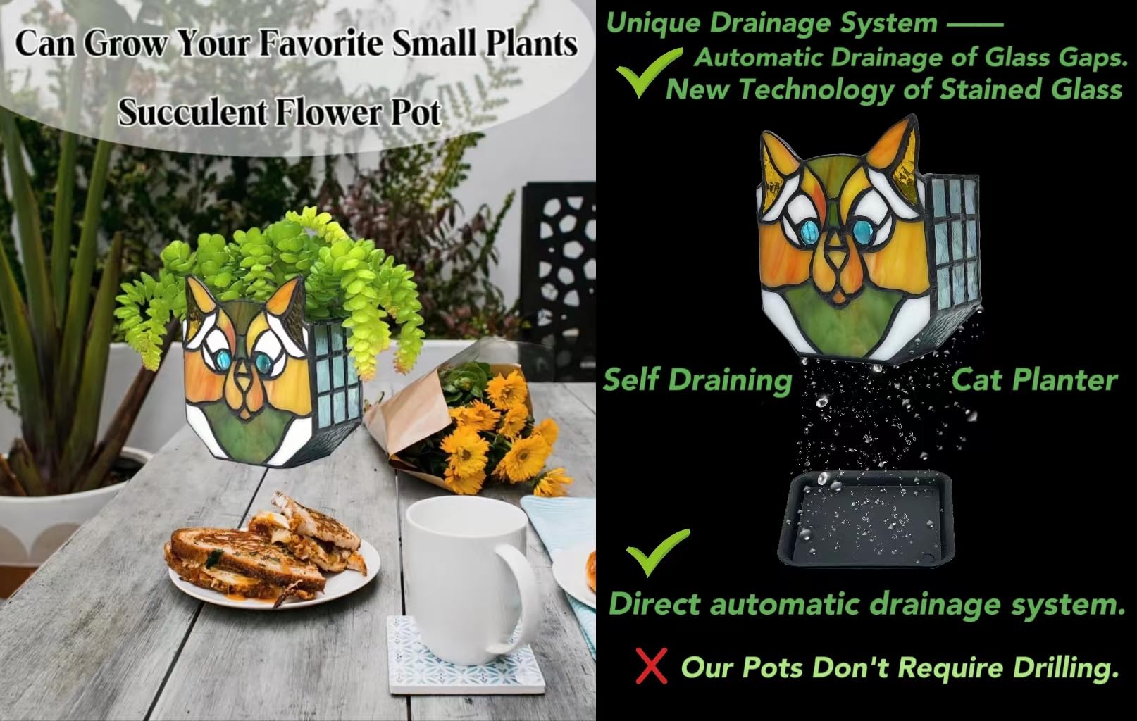 Entlityful cat planter next to hand for size reference showing compact, table-ready benefit