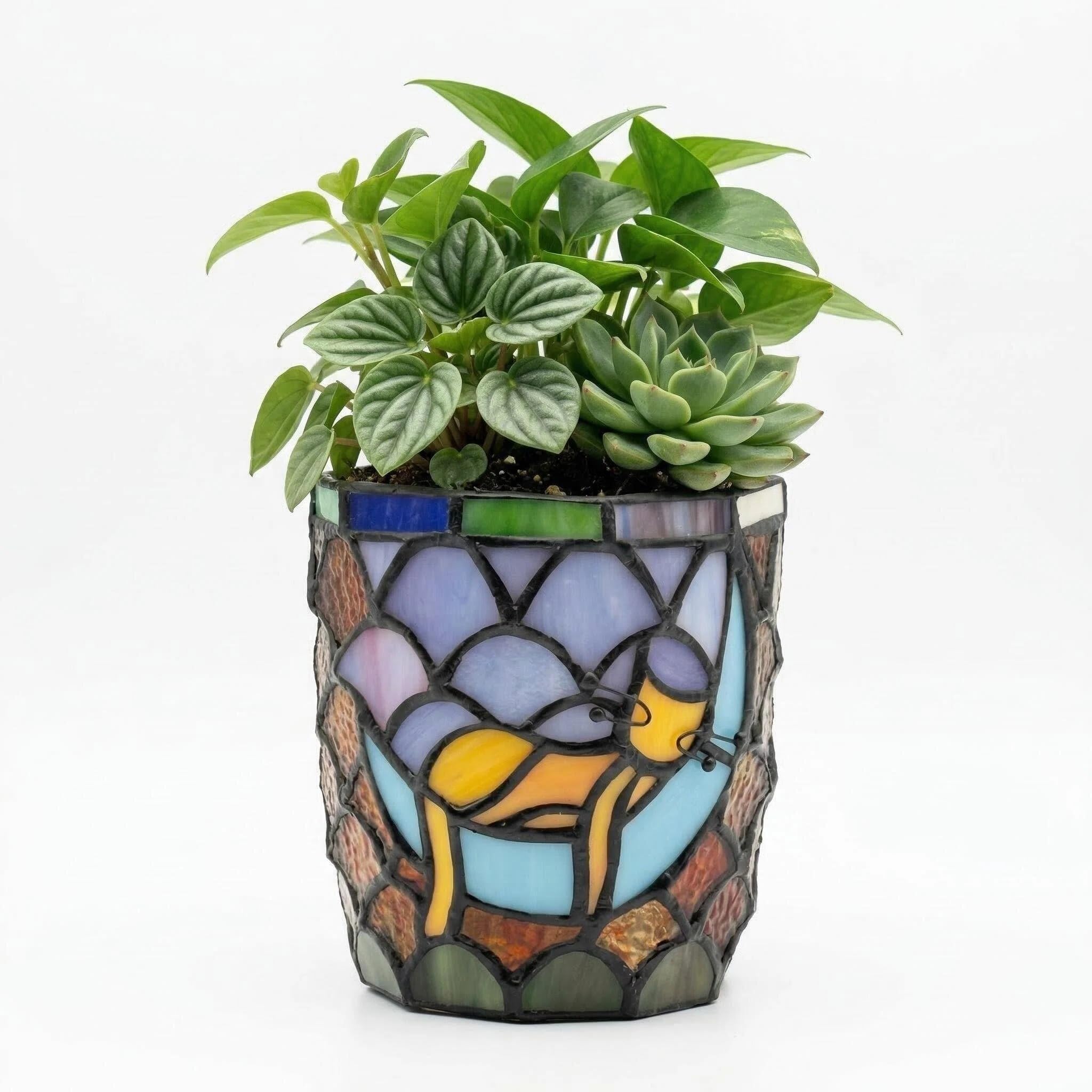 Entlityful front view of moon sleeping cat planter showing colorful stained glass and hanging loop