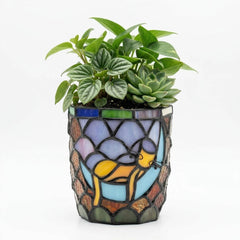 Entlityful front view of moon sleeping cat planter showing colorful stained glass and hanging loop